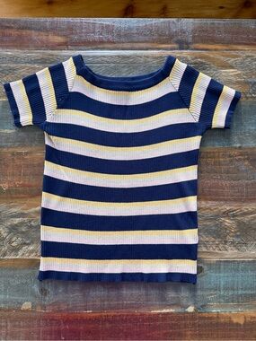 Beware Women’s XL Blue Pink Yellow Striped Rib Knit Top | SKU 0299